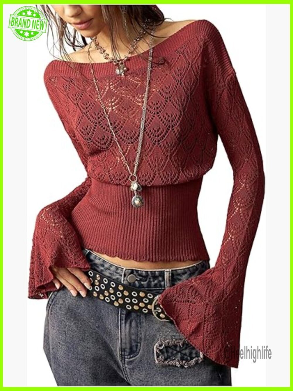 Crochet Crop Top Pullover Sweater Long Sleeve Boat Neck Cinched Waist